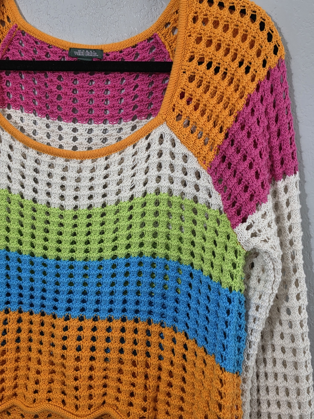 wild fable Multicolor Crochet Top Bell Sleeve Scoop Neck Womens Medium Oversized - Picture 2 of 6